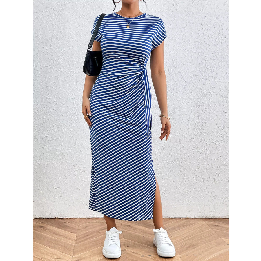 Striped Tie Side Casual Midi Dress Blue / S Apparel and Accessories