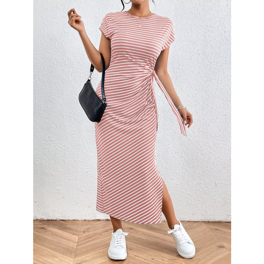 Striped Tie Side Casual Midi Dress Pink / S Apparel and Accessories