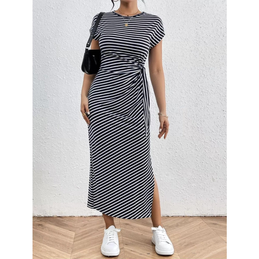 Striped Tie Side Casual Midi Dress Royal Blue / S Apparel and Accessories