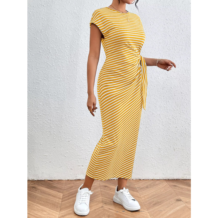 Striped Tie Side Casual Midi Dress Yellow / S Apparel and Accessories