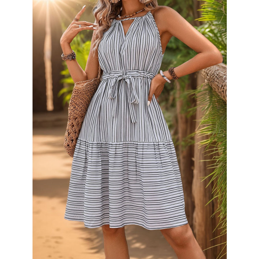 Striped Tie Waist Dress Light Gray / S Apparel and Accessories