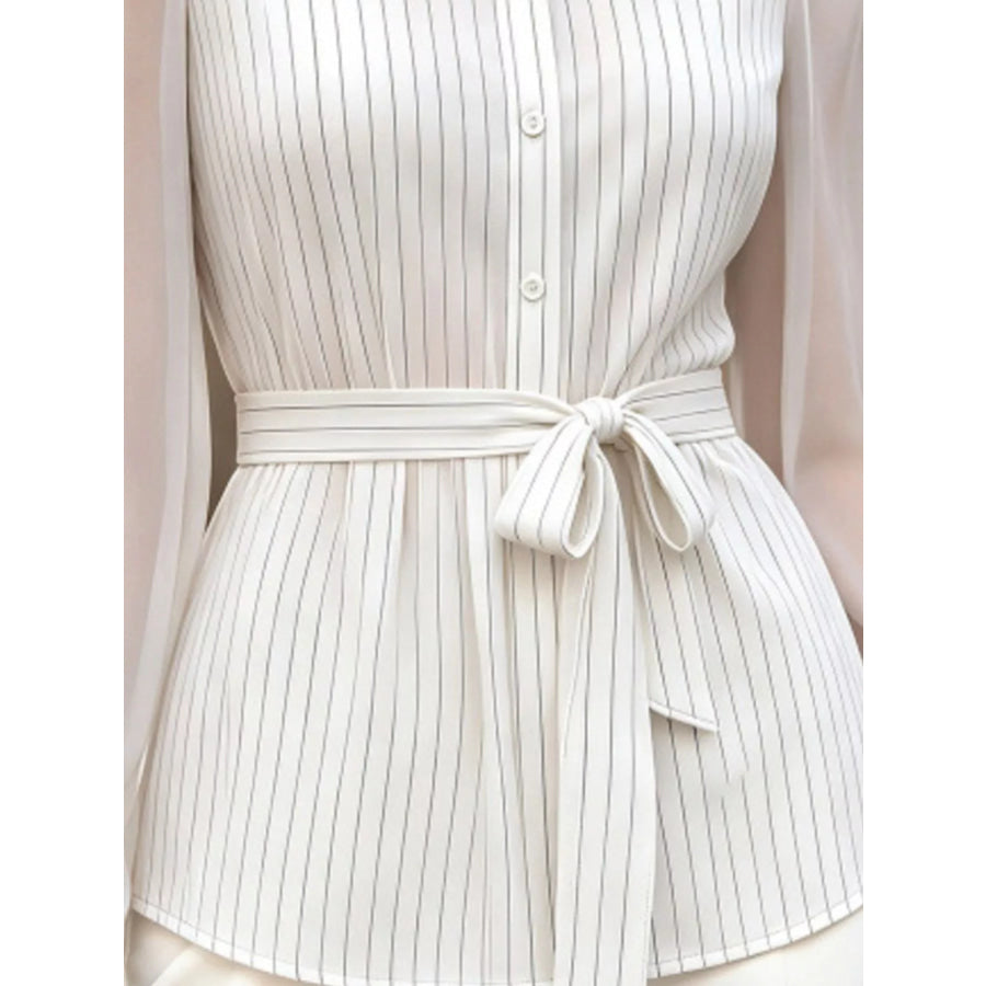 Striped Tie Waist Long Sleeve Shirt Apparel and Accessories