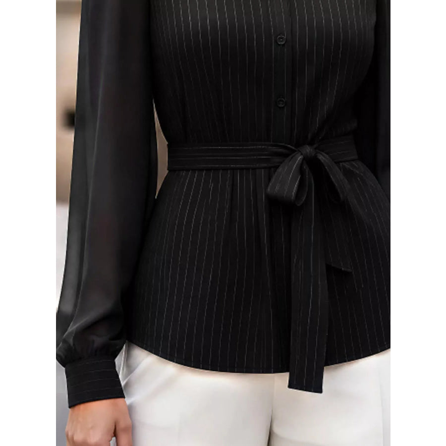 Striped Tie Waist Long Sleeve Shirt Apparel and Accessories