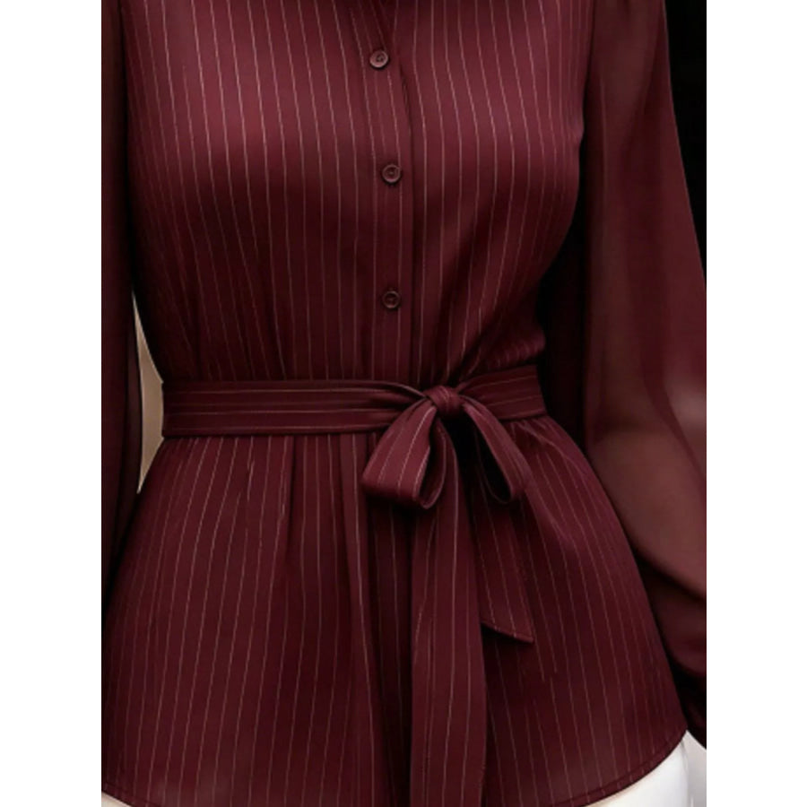 Striped Tie Waist Long Sleeve Shirt Apparel and Accessories