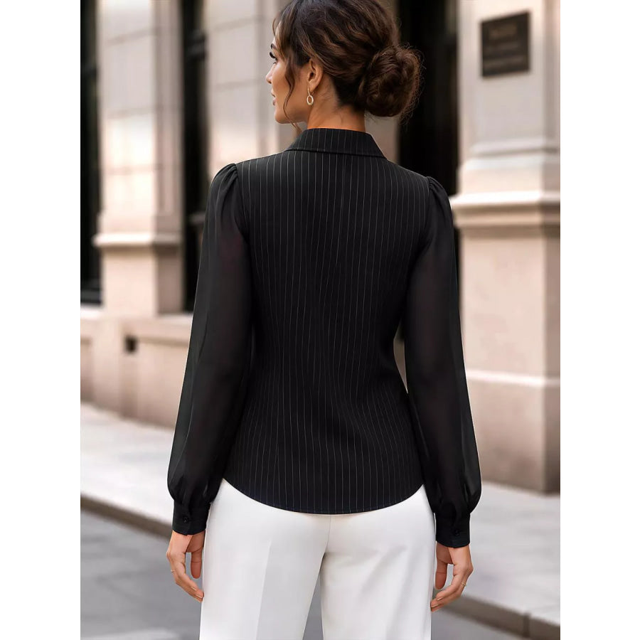 Striped Tie Waist Long Sleeve Shirt Apparel and Accessories