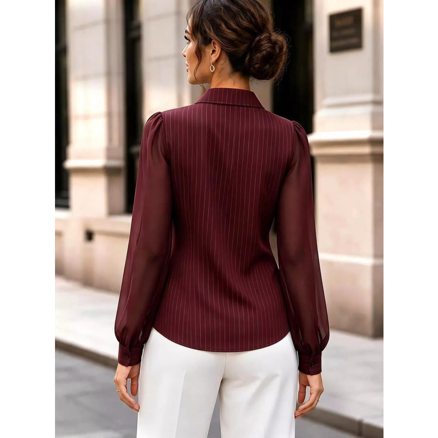 Striped Tie Waist Long Sleeve Shirt Apparel and Accessories