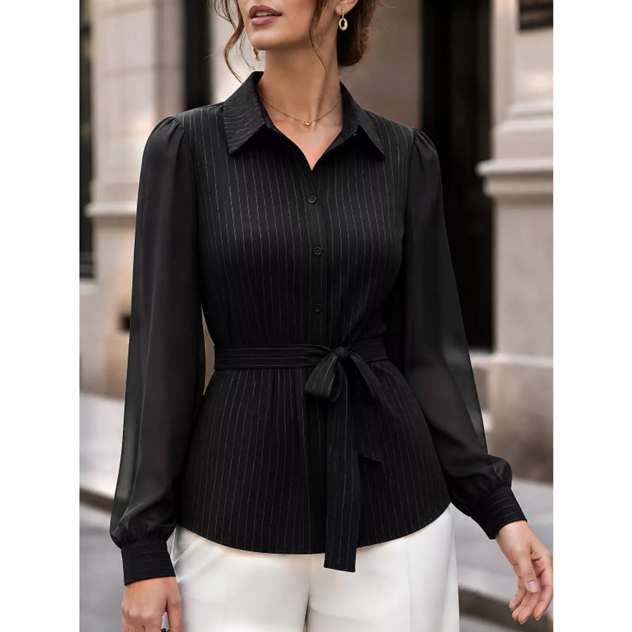 Striped Tie Waist Long Sleeve Shirt Black / S Apparel and Accessories