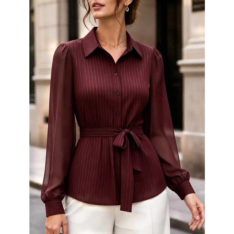 Striped Tie Waist Long Sleeve Shirt Burgundy / S Apparel and Accessories