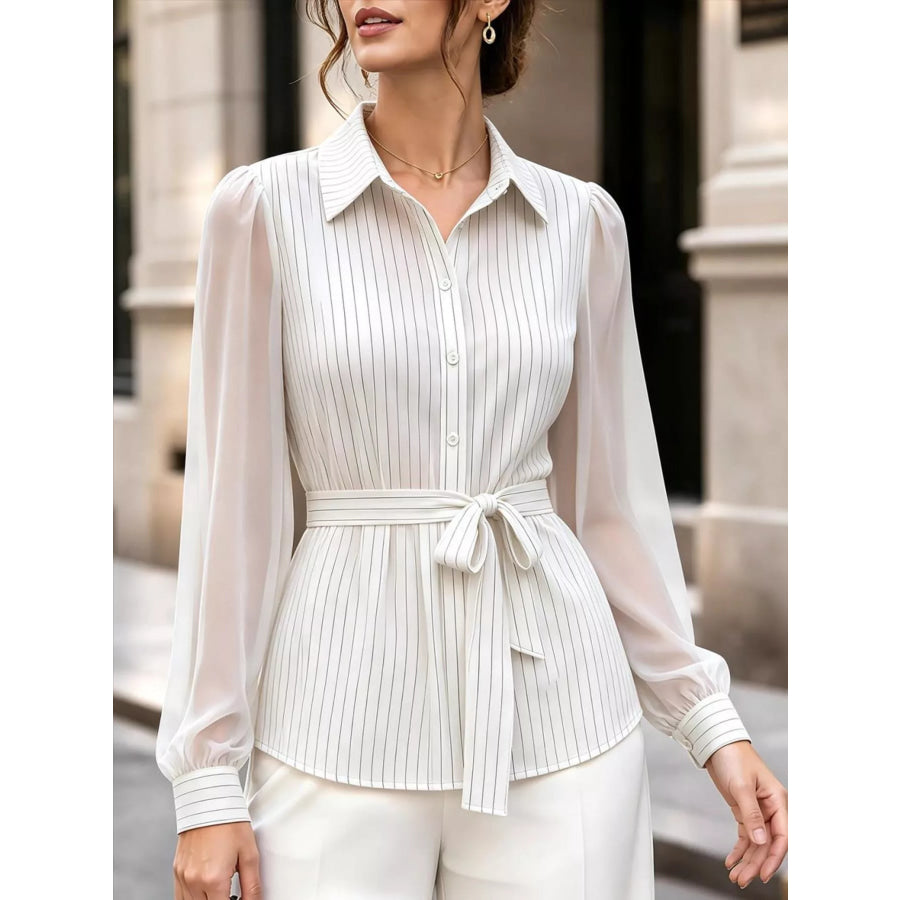 Striped Tie Waist Long Sleeve Shirt White / S Apparel and Accessories