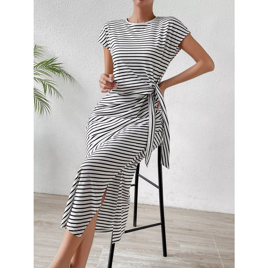 Striped Tie-Waist Midi Dress Apparel and Accessories