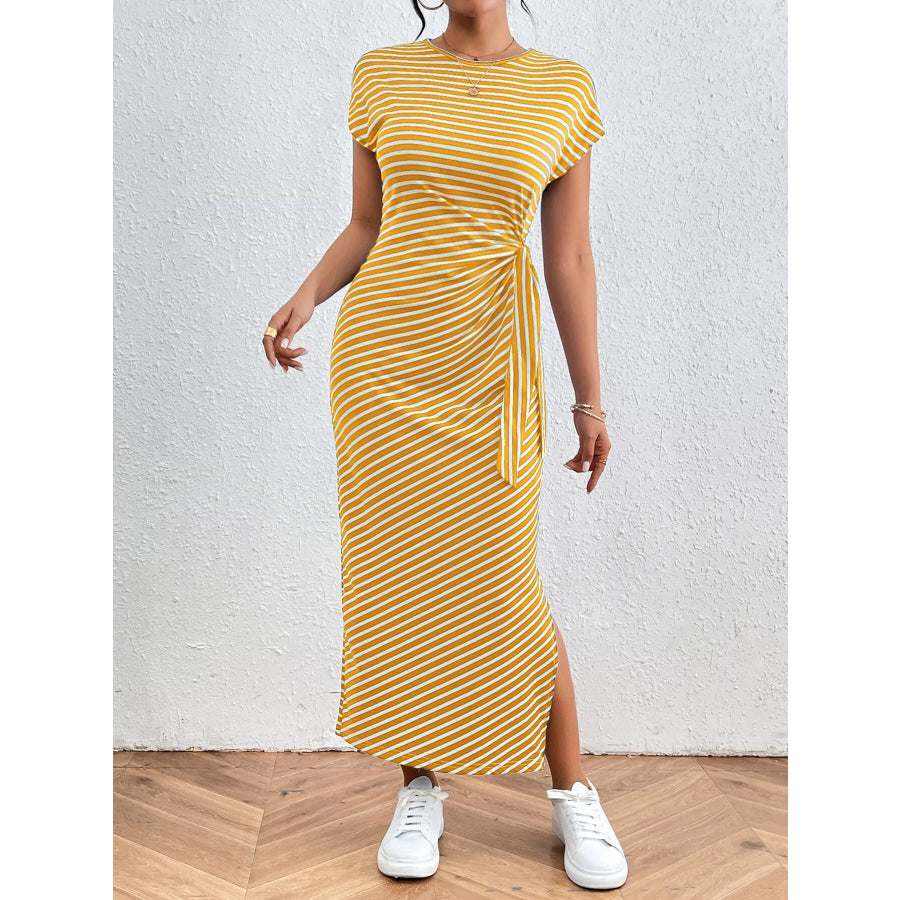Striped Tie-Waist Midi Dress Apparel and Accessories