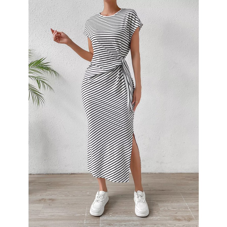 Striped Tie-Waist Midi Dress Black / S Apparel and Accessories