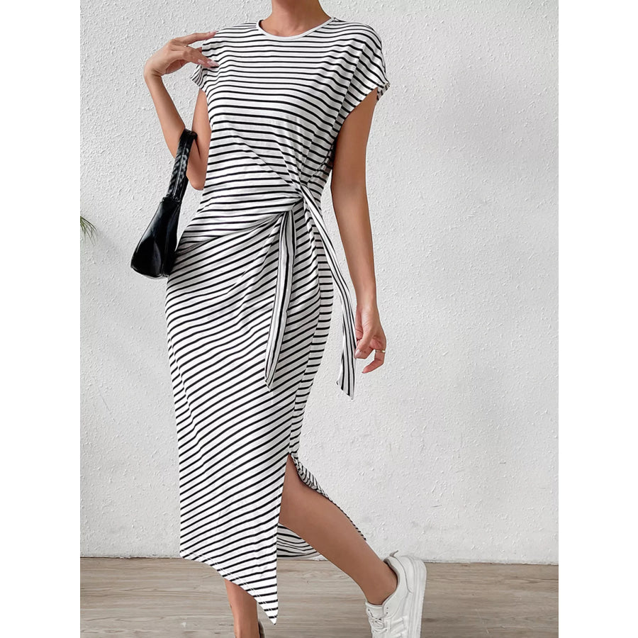 Striped Tie-Waist Midi Dress Black / S Apparel and Accessories