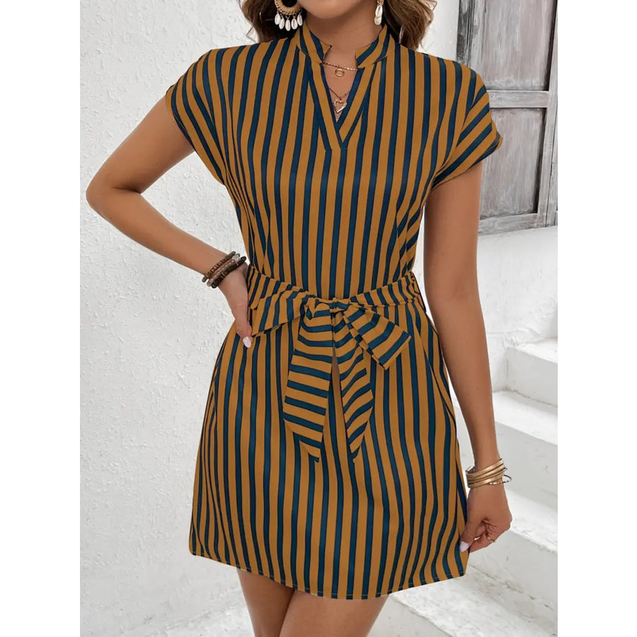 Striped Tie Waist Mini Dress Brown / S Apparel and Accessories