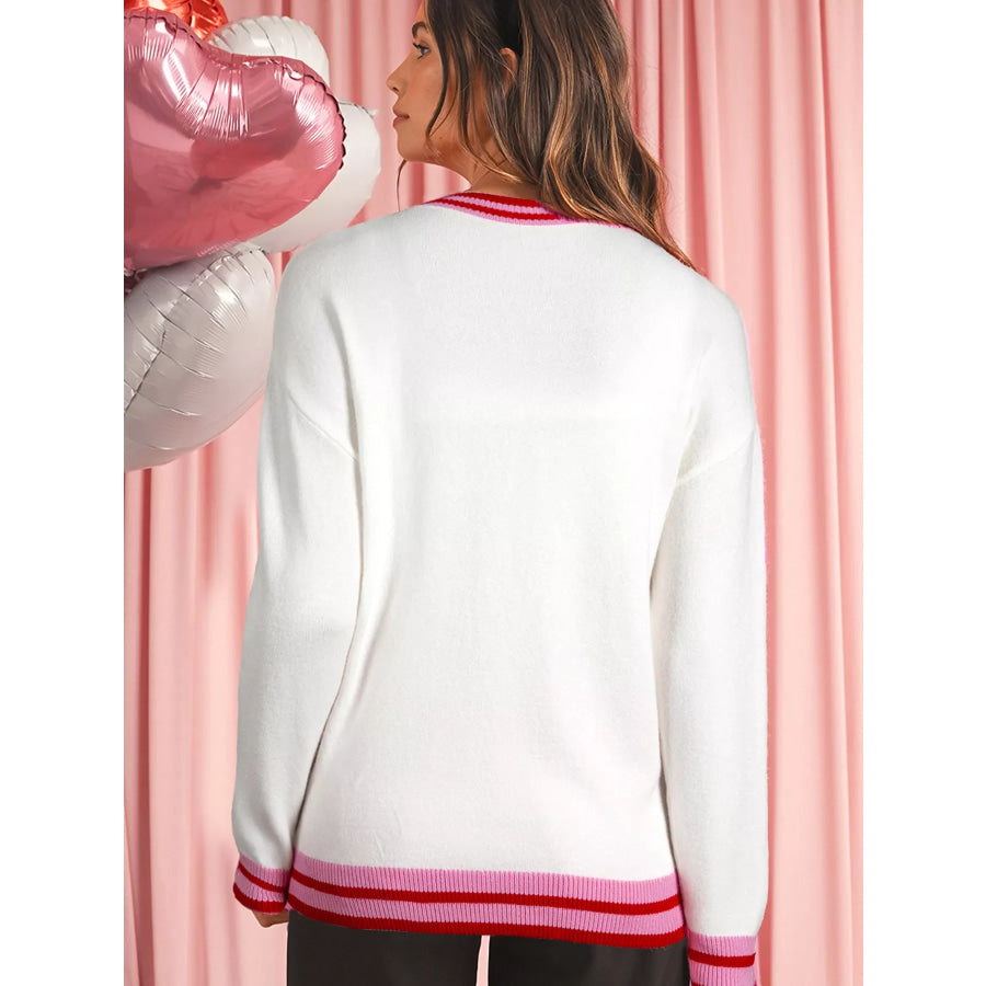 Striped Trim Bow Graphic Round Neck Drop Shoulder Sweater Apparel and Accessories