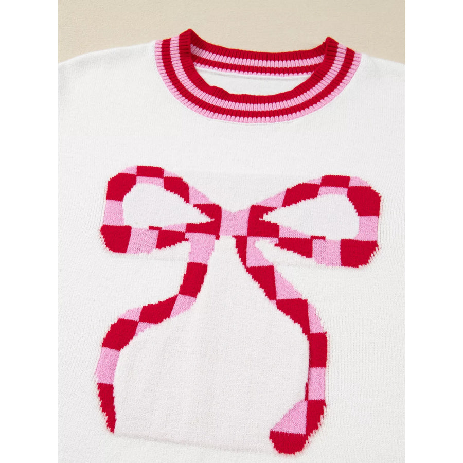 Striped Trim Bow Graphic Round Neck Drop Shoulder Sweater Apparel and Accessories