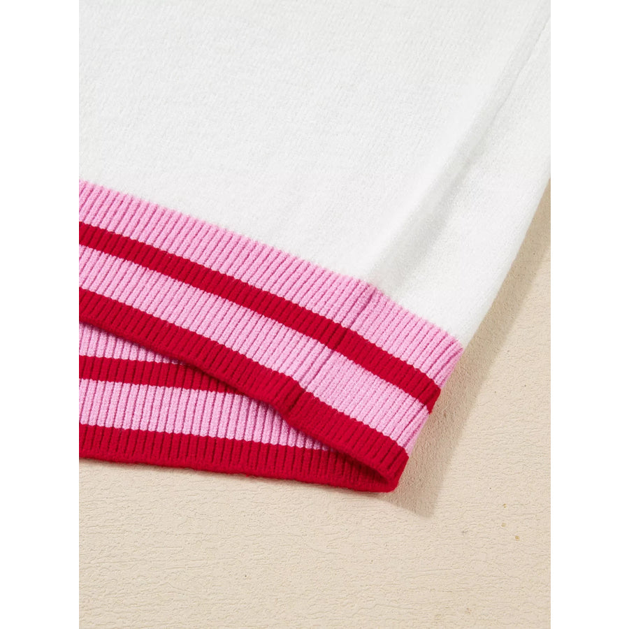 Striped Trim Bow Graphic Round Neck Drop Shoulder Sweater Apparel and Accessories
