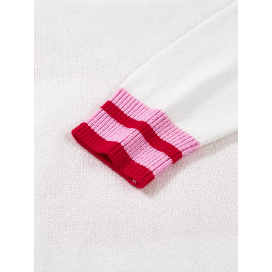 Striped Trim Bow Graphic Round Neck Drop Shoulder Sweater Apparel and Accessories