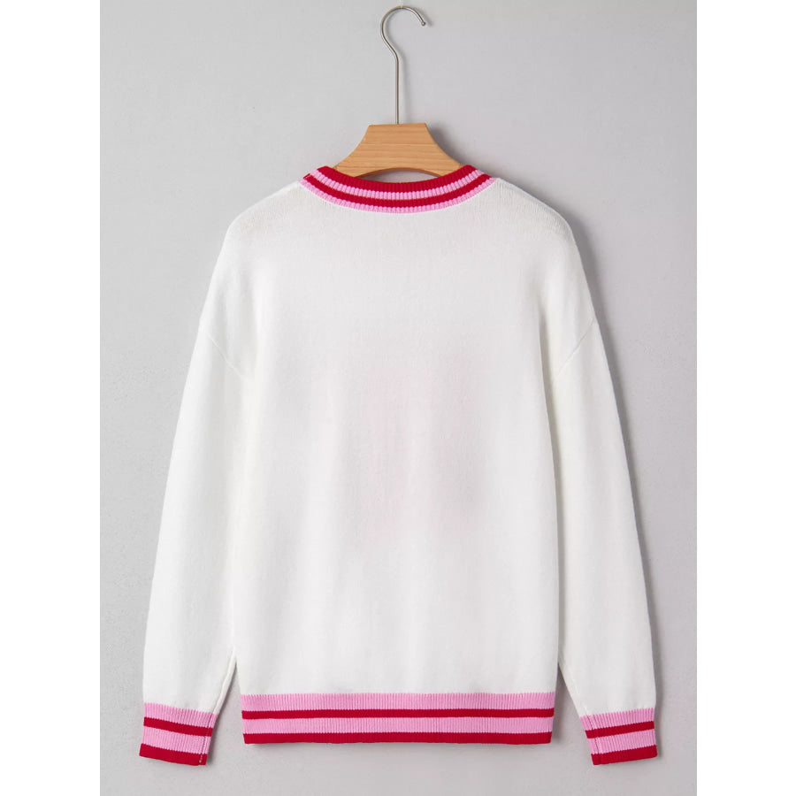 Striped Trim Bow Graphic Round Neck Drop Shoulder Sweater Apparel and Accessories