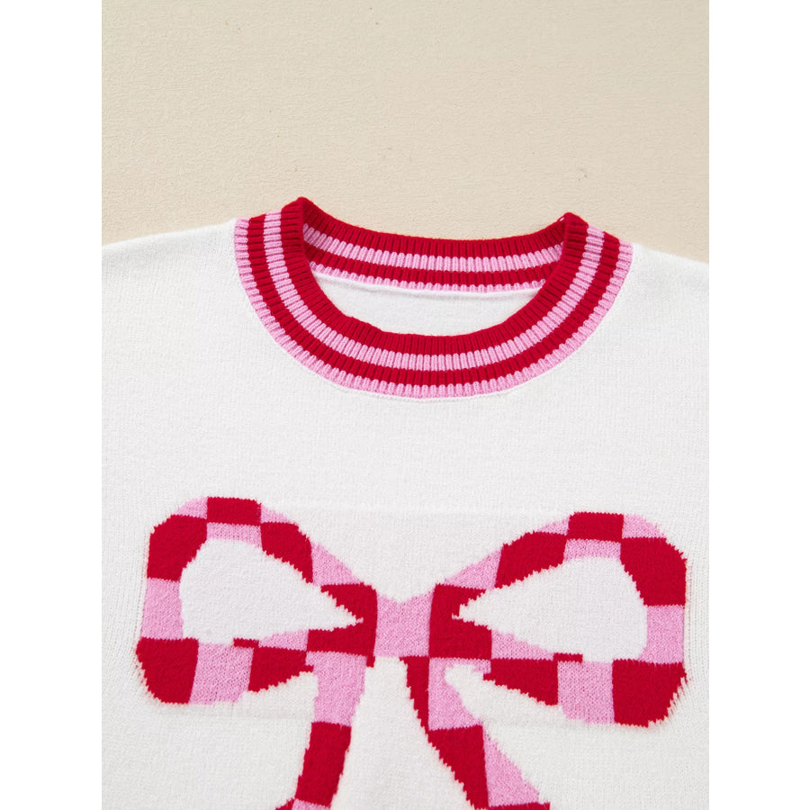 Striped Trim Bow Graphic Round Neck Drop Shoulder Sweater Apparel and Accessories