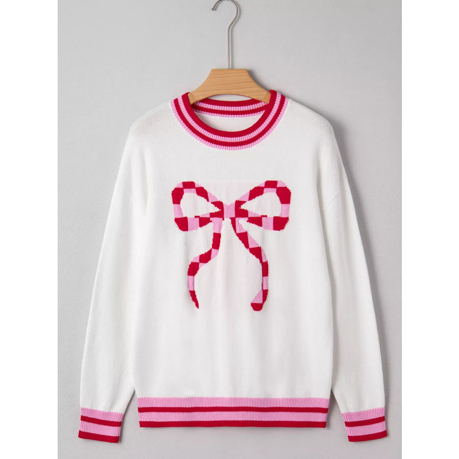 Striped Trim Bow Graphic Round Neck Drop Shoulder Sweater Apparel and Accessories