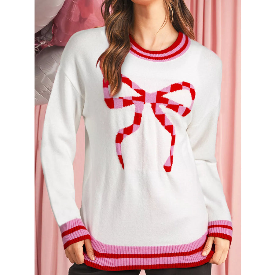 Striped Trim Bow Graphic Round Neck Drop Shoulder Sweater White / S Apparel and Accessories