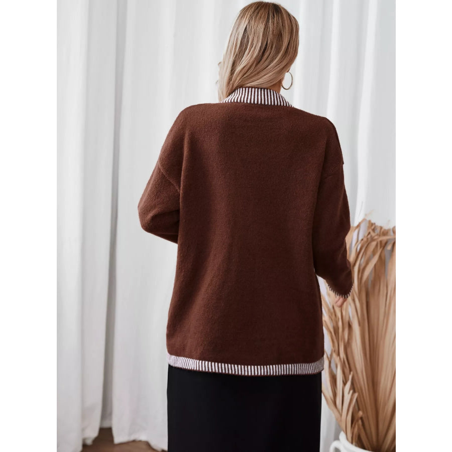 Striped Trim Button Front Pocket Knit Cardigan Apparel and Accessories