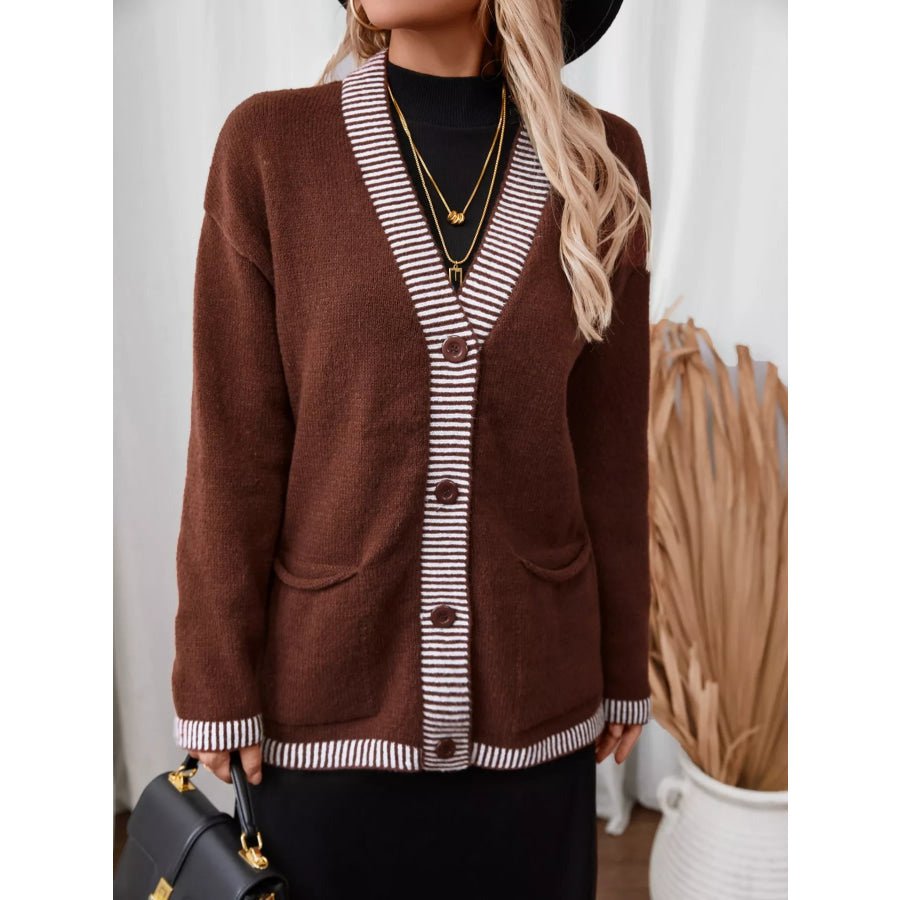 Striped Trim Button Front Pocket Knit Cardigan Apparel and Accessories
