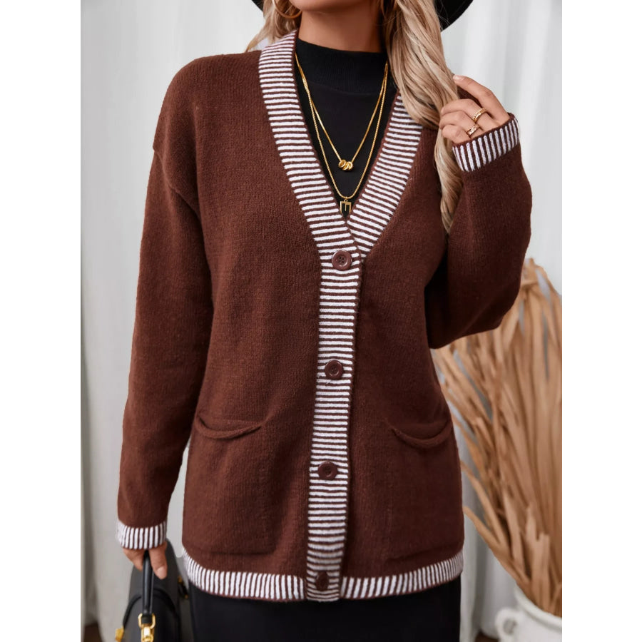 Striped Trim Button Front Pocket Knit Cardigan Brown / S Apparel and Accessories