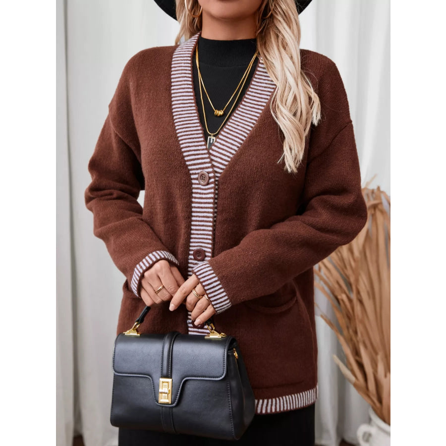 Striped Trim Button Front Pocket Knit Cardigan Apparel and Accessories