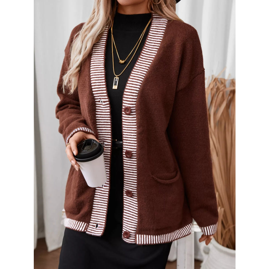 Striped Trim Button Front Pocket Knit Cardigan Apparel and Accessories