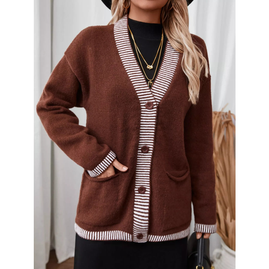 Striped Trim Button Front Pocket Knit Cardigan Brown / S Apparel and Accessories