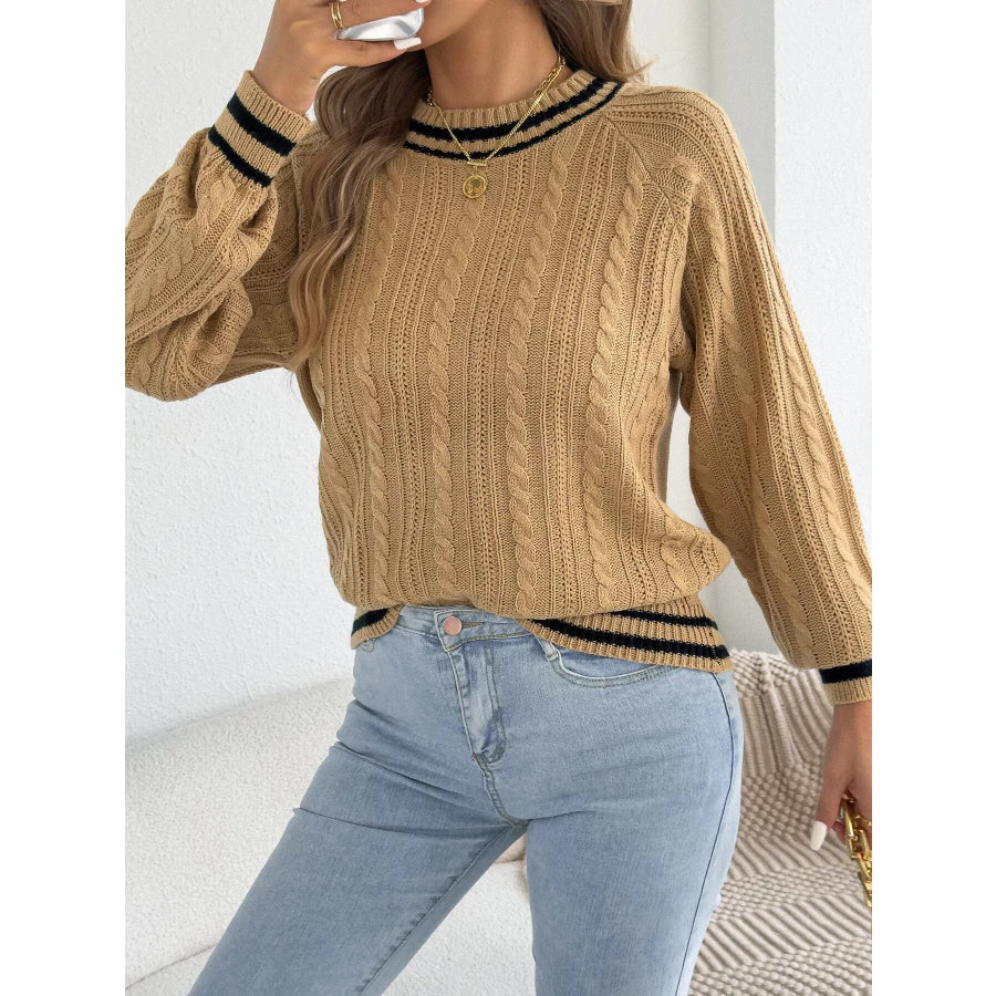 Striped Trim Cable Knit Sweater Apparel and Accessories