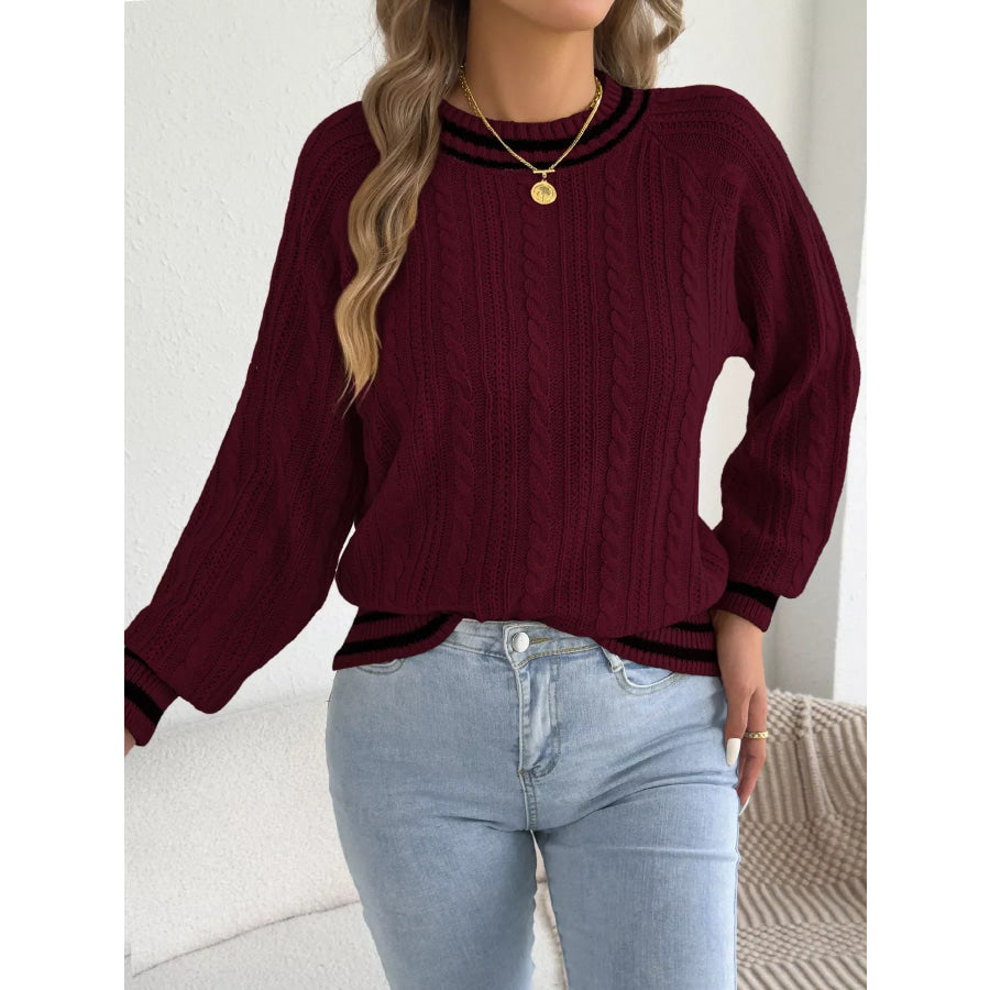 Striped Trim Cable Knit Sweater Apparel and Accessories