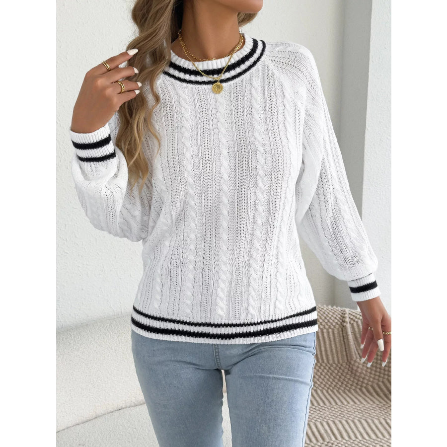 Striped Trim Cable Knit Sweater Apparel and Accessories