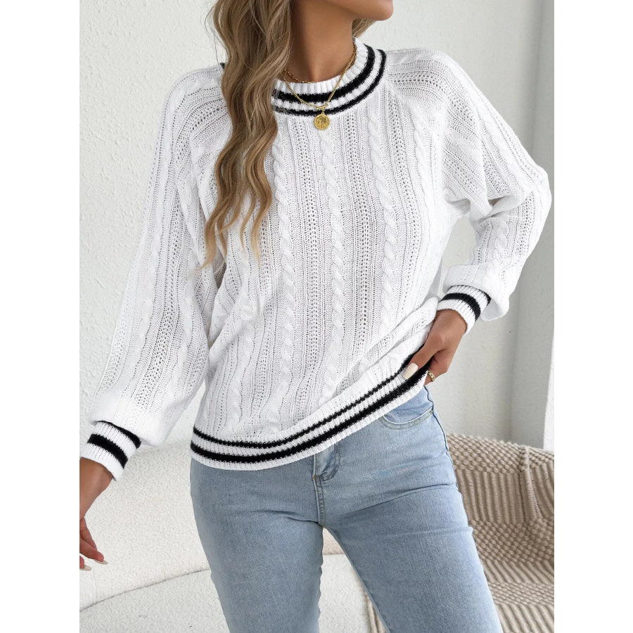 Striped Trim Cable Knit Sweater Apparel and Accessories