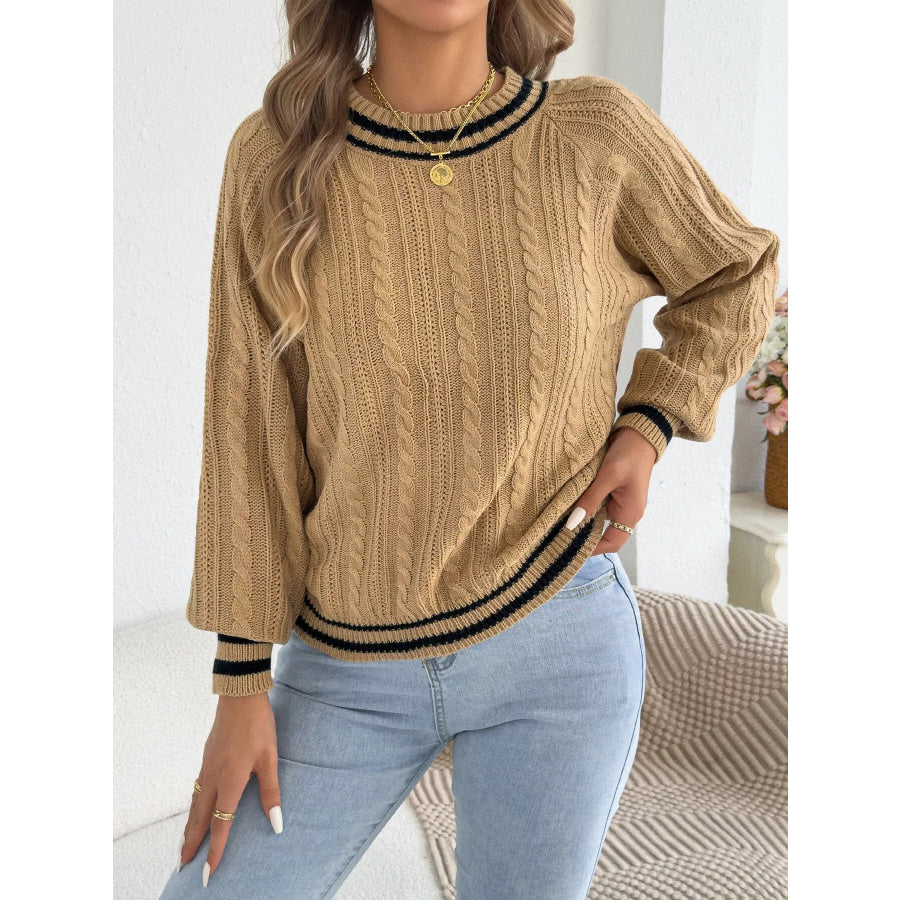 Striped Trim Cable Knit Sweater Apparel and Accessories