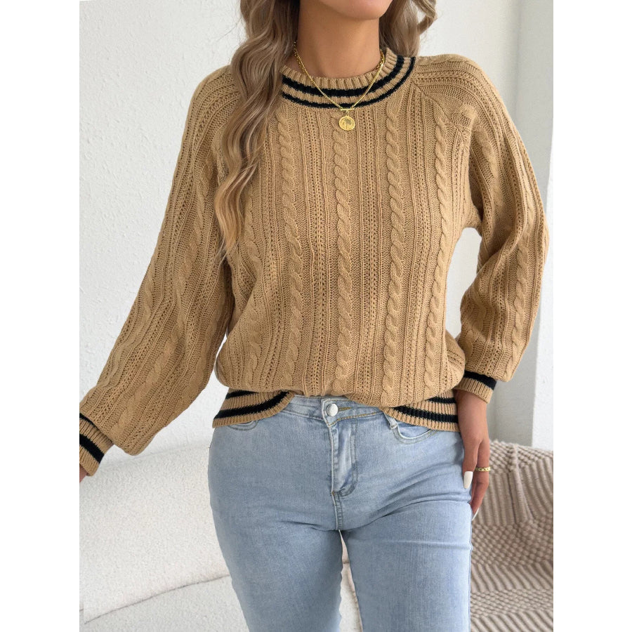 Striped Trim Cable Knit Sweater Apparel and Accessories