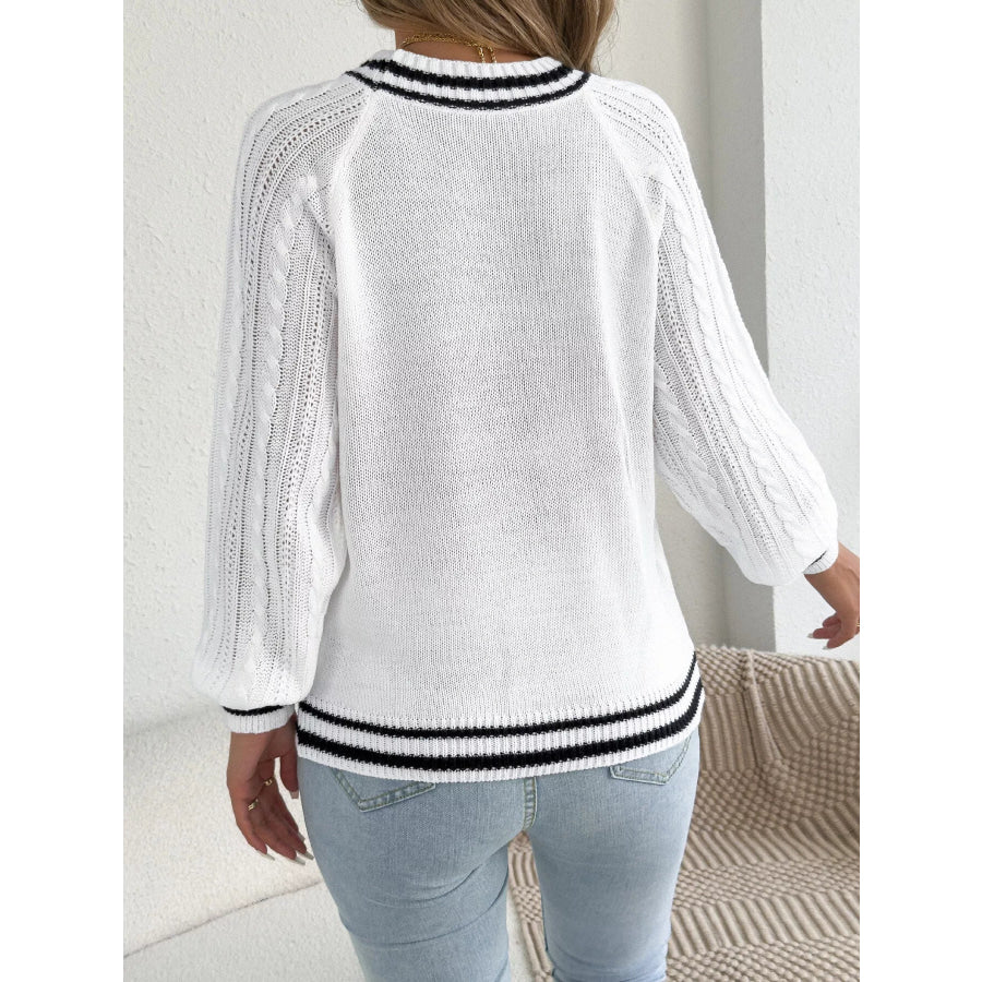 Striped Trim Cable Knit Sweater Apparel and Accessories