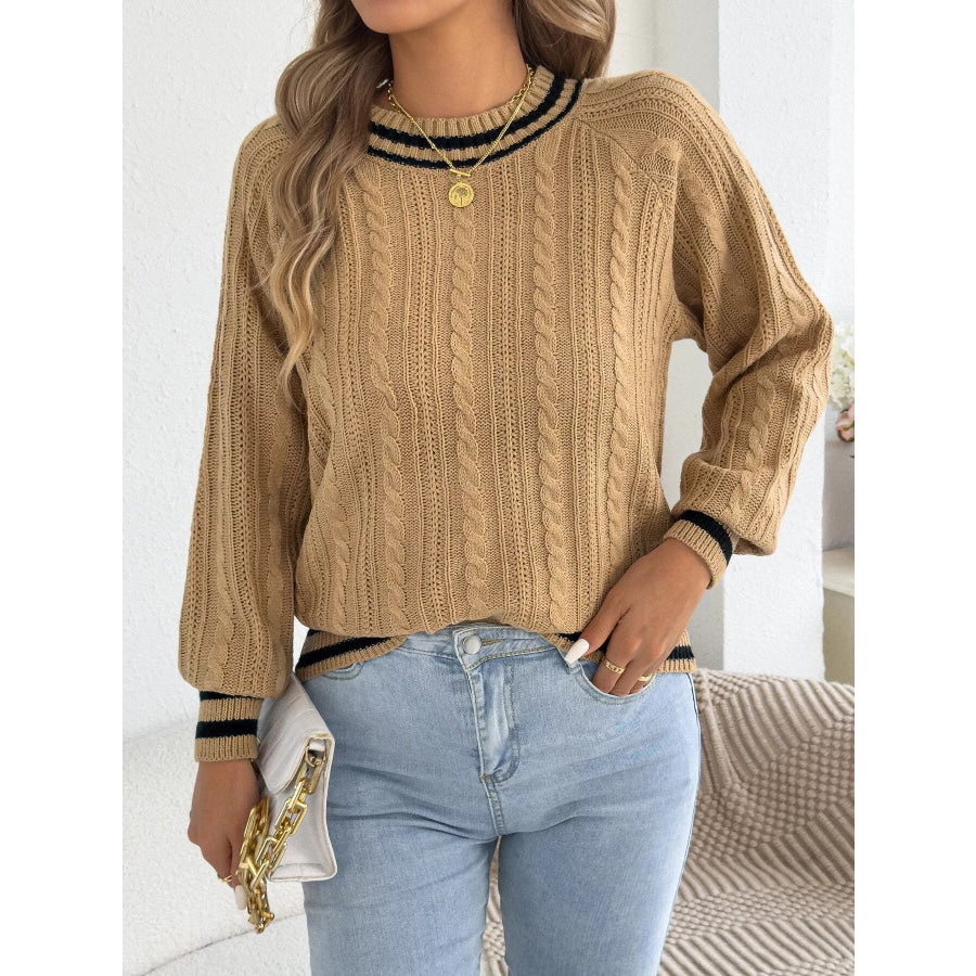 Striped Trim Cable Knit Sweater Apparel and Accessories