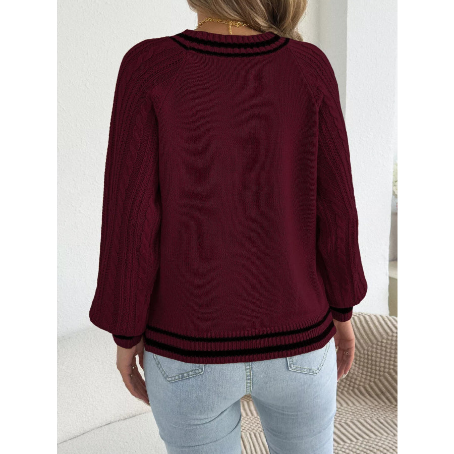 Striped Trim Cable Knit Sweater Apparel and Accessories