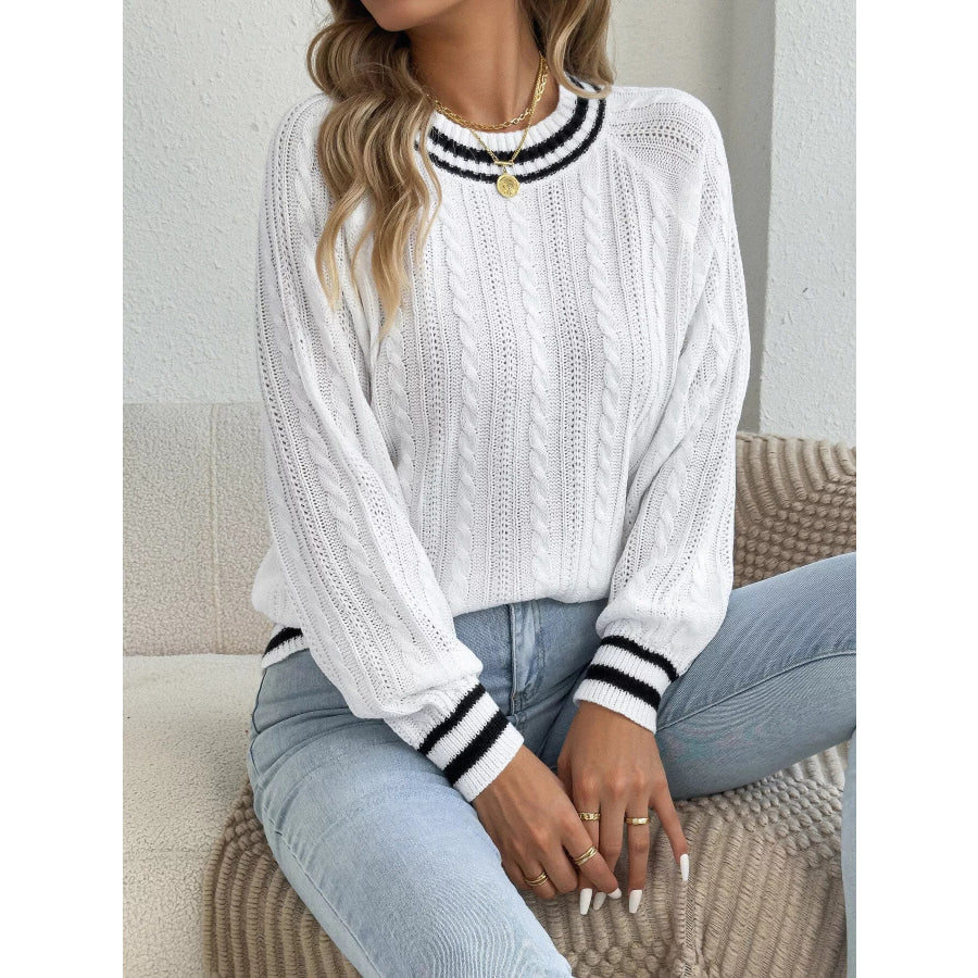 Striped Trim Cable Knit Sweater Apparel and Accessories