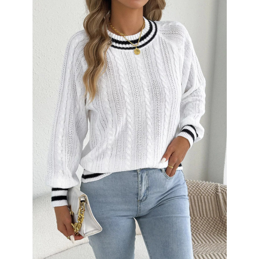 Striped Trim Cable Knit Sweater Apparel and Accessories