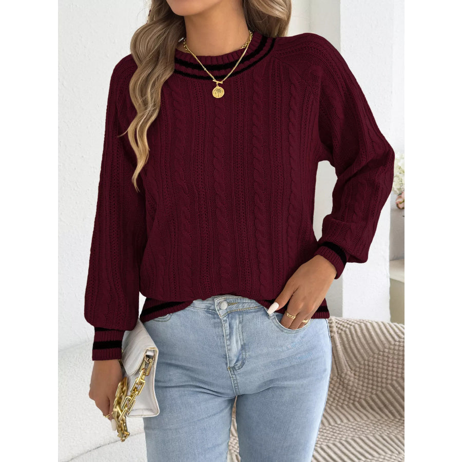 Striped Trim Cable Knit Sweater Burgundy / S Apparel and Accessories