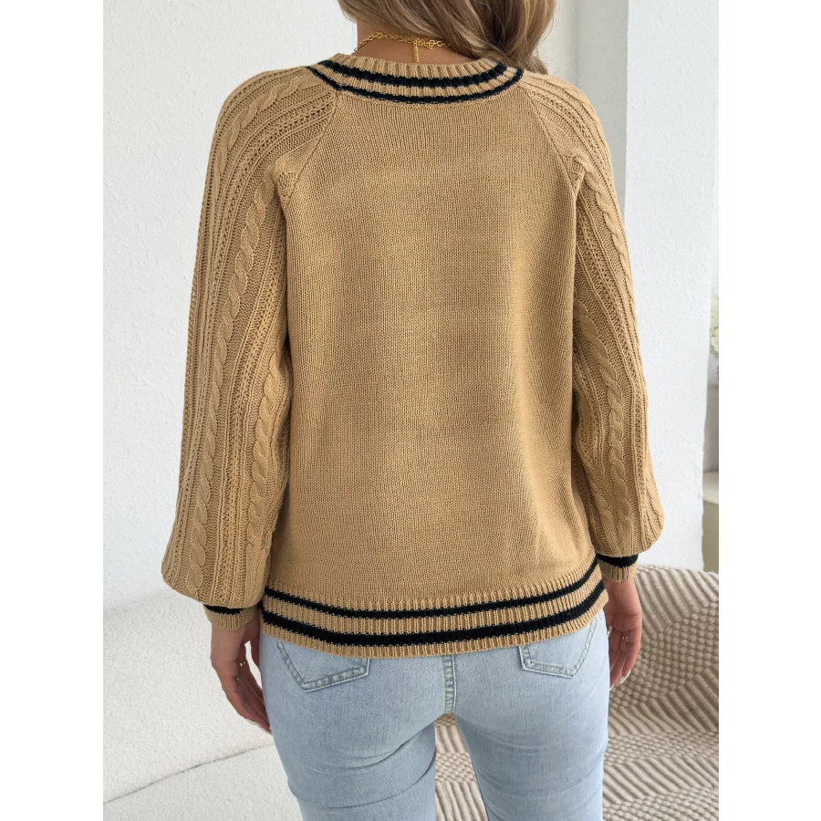 Striped Trim Cable Knit Sweater Khaki / S Apparel and Accessories