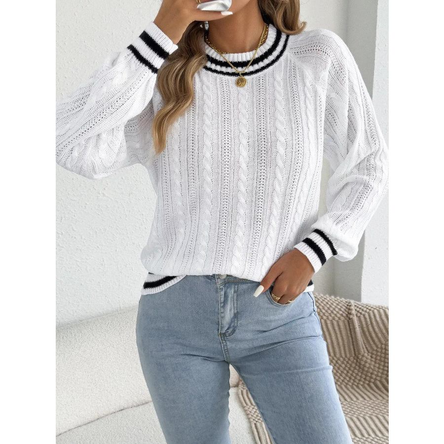 Striped Trim Cable Knit Sweater White / S Apparel and Accessories