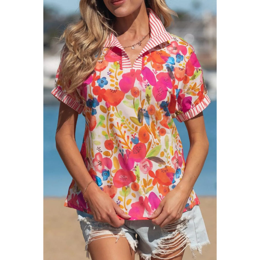 Striped Trim Collared V Neck Short Sleeve Floral Print Blouse Apparel and Accessories