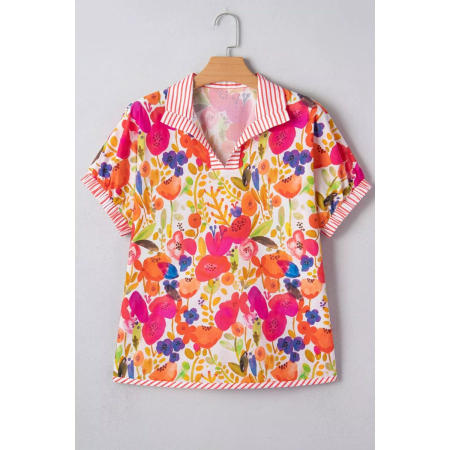 Striped Trim Collared V Neck Short Sleeve Floral Print Blouse Apparel and Accessories