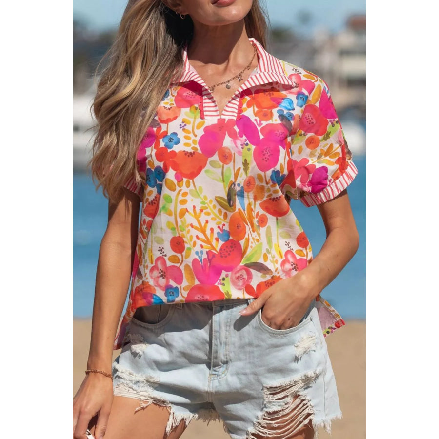 Striped Trim Collared V Neck Short Sleeve Floral Print Blouse Apparel and Accessories