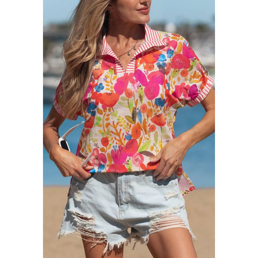 Striped Trim Collared V Neck Short Sleeve Floral Print Blouse Apparel and Accessories